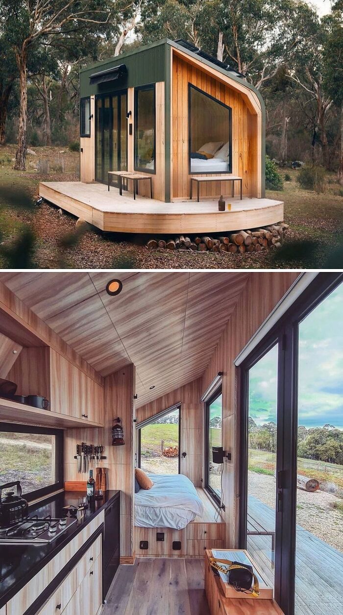 Cute tiny home with modern wooden exterior and cozy interior, set in a scenic forest landscape.