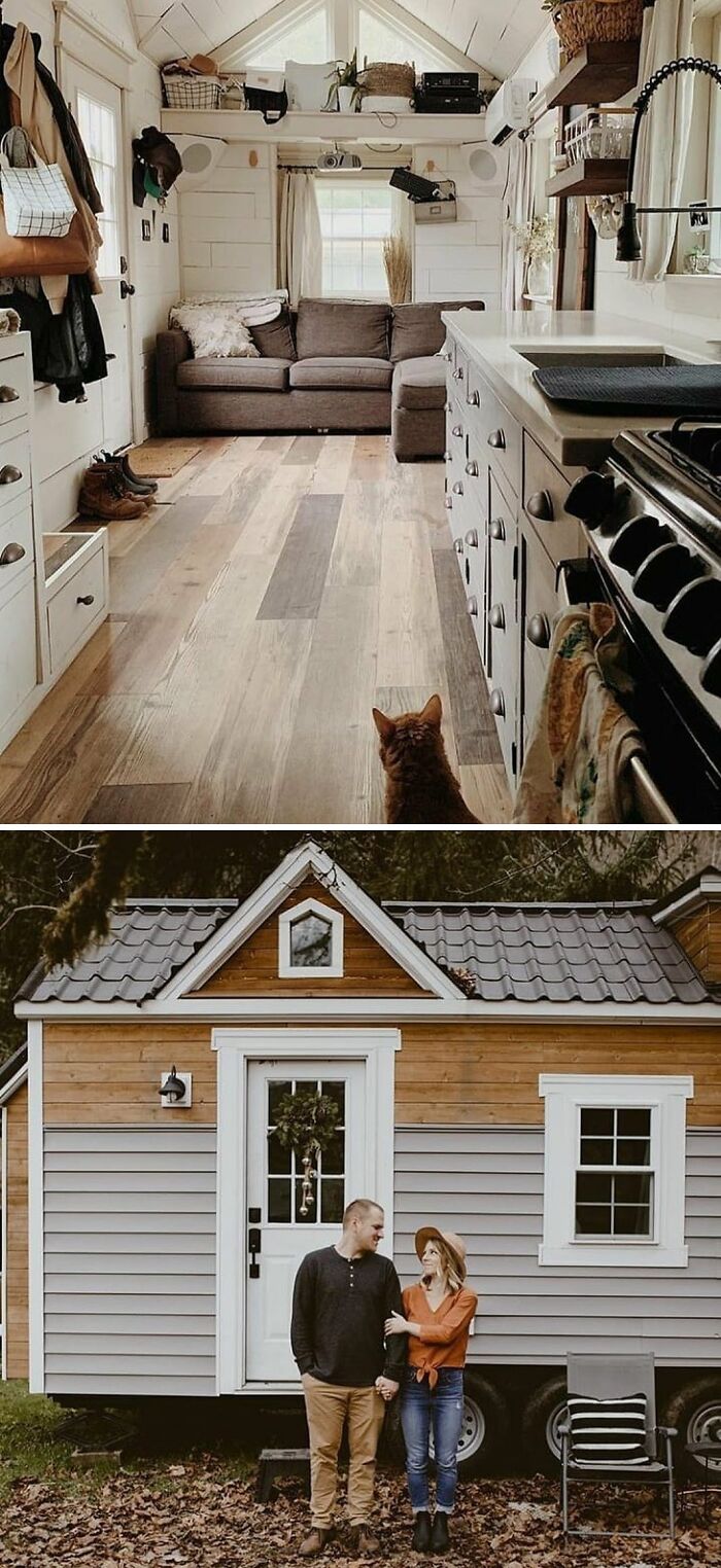 Interior and exterior of a dreamy tiny home, featuring cozy furnishings and a couple standing outside.