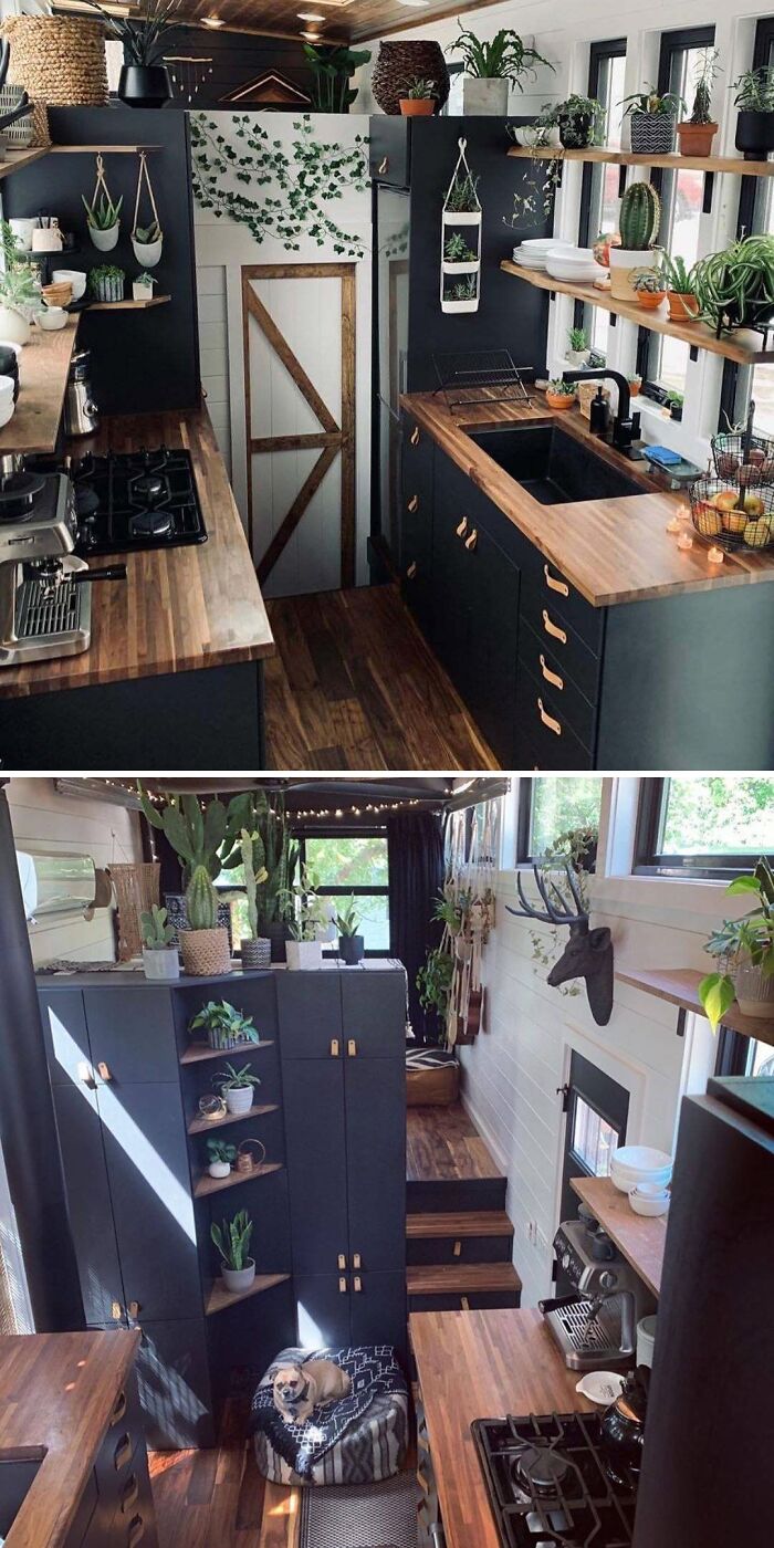 Stylish tiny home kitchen with wooden countertops, lush plants, dark cabinets, and cozy decor.