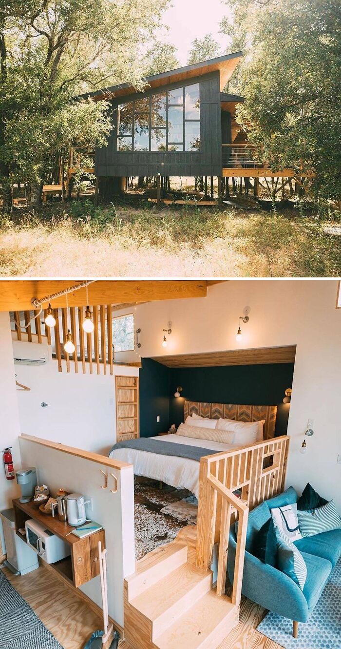 Modern tiny home nestled in woods with cozy interior featuring a loft bed and compact kitchen area.