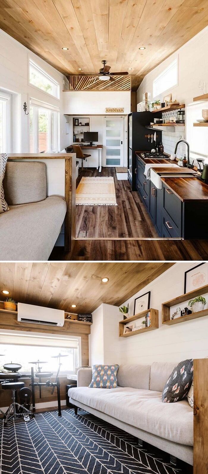 Stylish interior of a modern tiny home featuring a cozy living room and kitchen with wood accents.