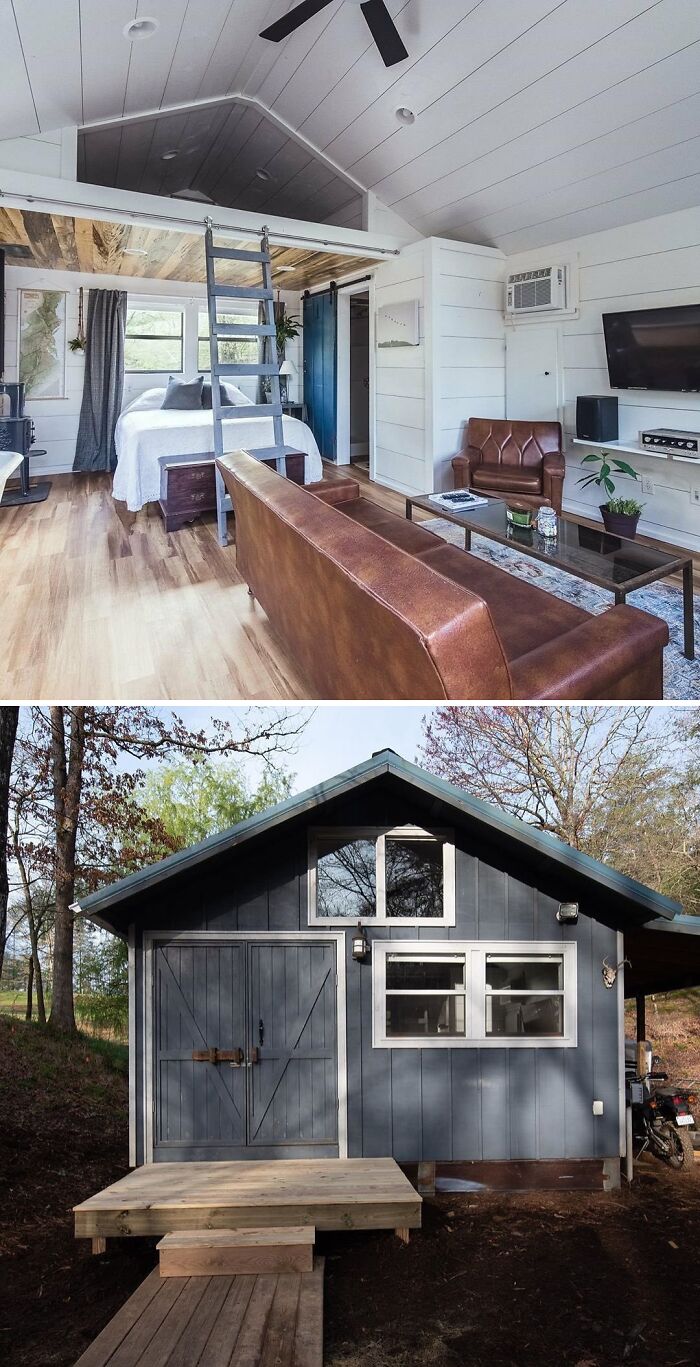 Interior and exterior views of a charming tiny home with modern design and cozy furnishings.