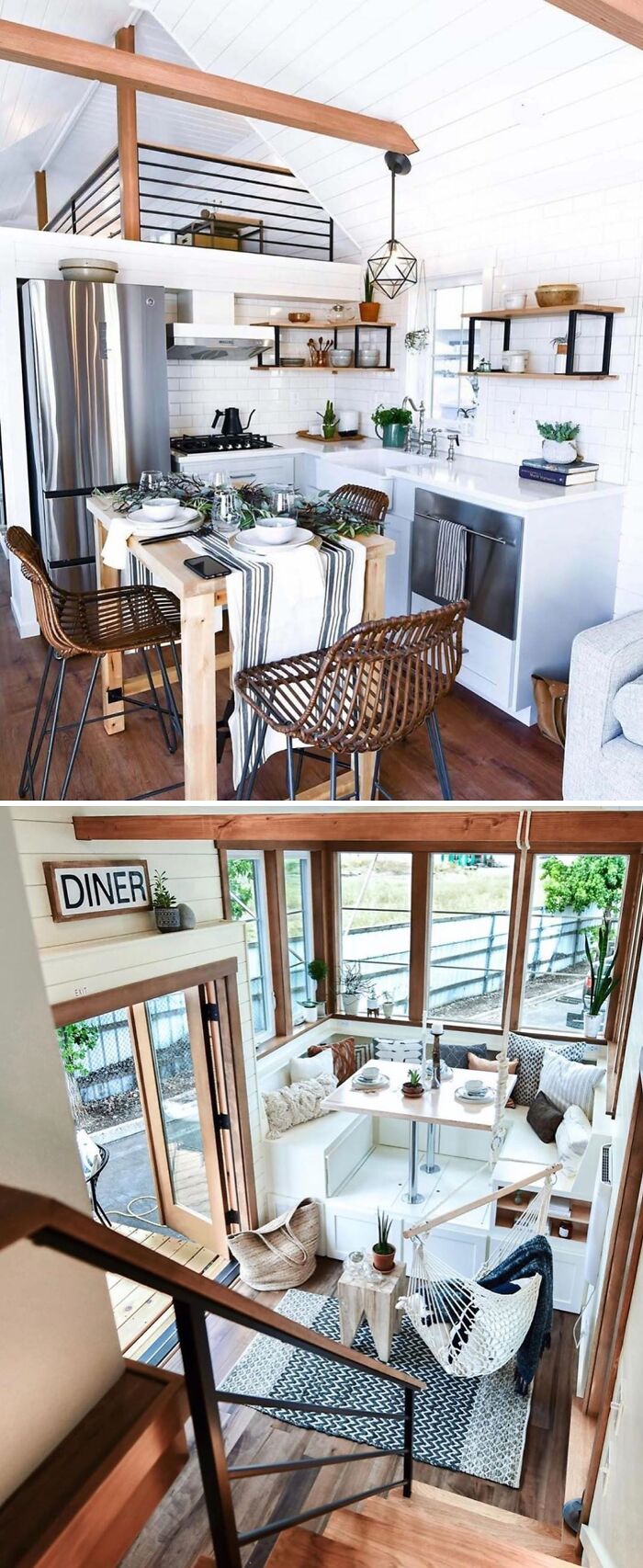 Modern tiny home interior with wooden accents, stylish kitchen, and cozy dining area, highlighting dreamy tiny homes.