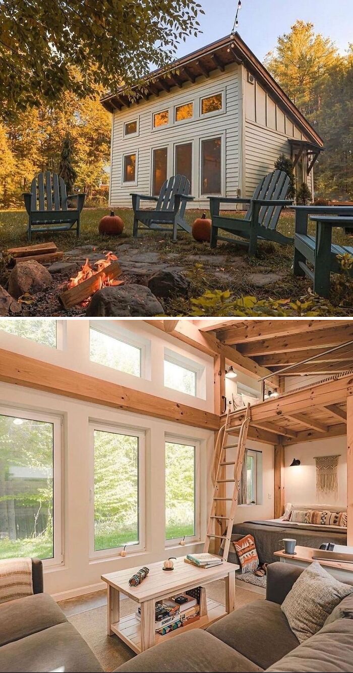 Cozy tiny home with outdoor seating and modern interior, featuring large windows and a lofted bed area.