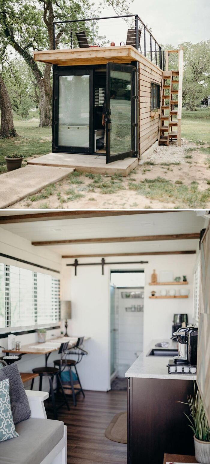 Exterior and interior of a trendy tiny home with a rooftop sitting area and cozy modern interior design.
