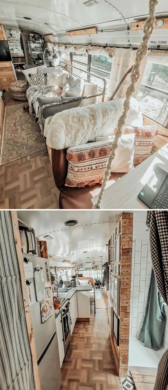 Cozy interior of dreamy tiny home with patterned cushions, plush throws, and compact kitchen area.