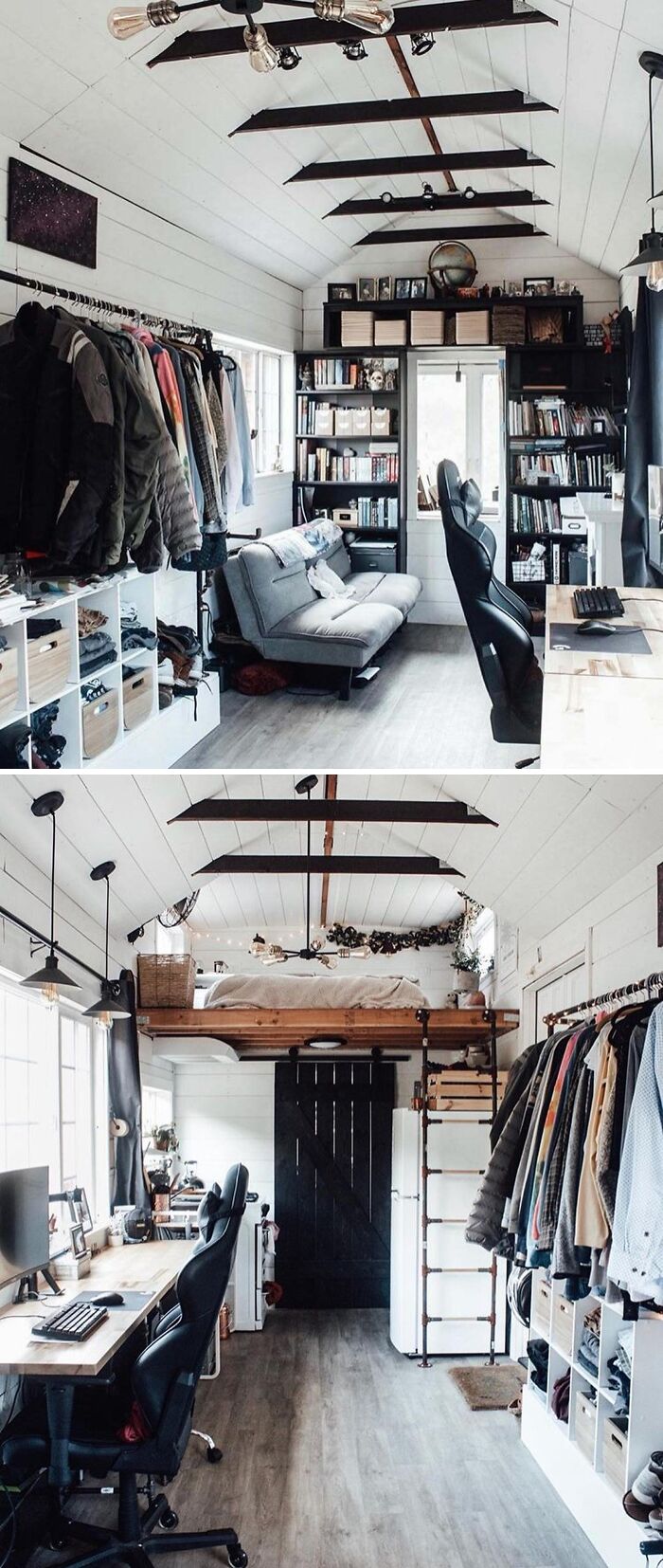 Cozy interior of a dreamy tiny home with loft bed, desk, and clothing storage.