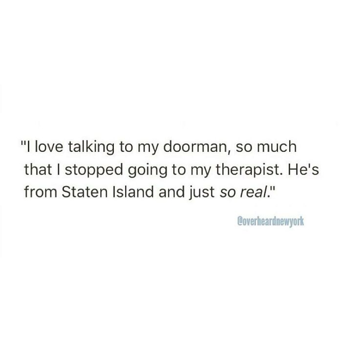 Text post showing a wild NYC conversation about a doorman from Staten Island being more real than a therapist.