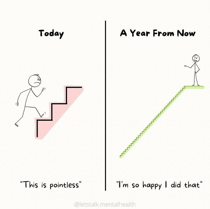 Stick figure climbing stairs today vs. contently at the top in a year. Relatable mental health meme about perseverance.