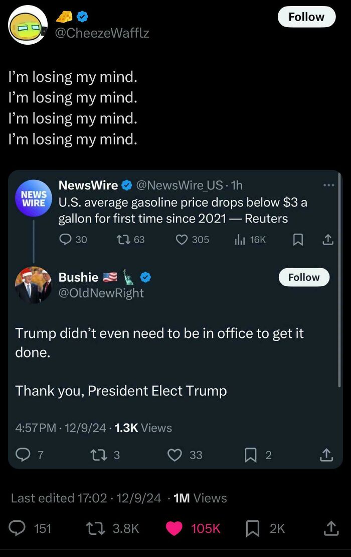 Twitter posts highlighting ironic reactions to U.S. gasoline price drop and political comments; facepalm moment.