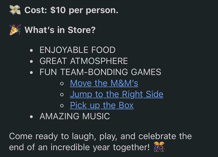 Event details listing food and team-bonding games for office party