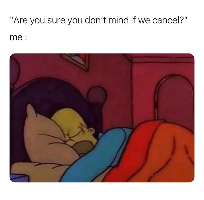 Cartoon character blissfully sleeping under blankets, relating to mental health and enjoying canceled plans.