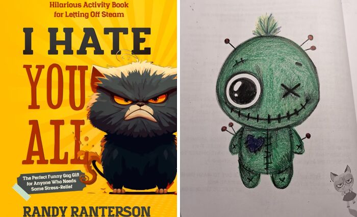 Gag gift ideas for antisocial people: a humorous book cover and a drawing of a quirky green creature.