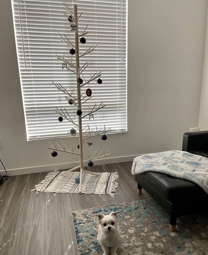 Minimalist Christmas tree with ornaments in a cozy living room, featuring a small dog on a patterned rug.