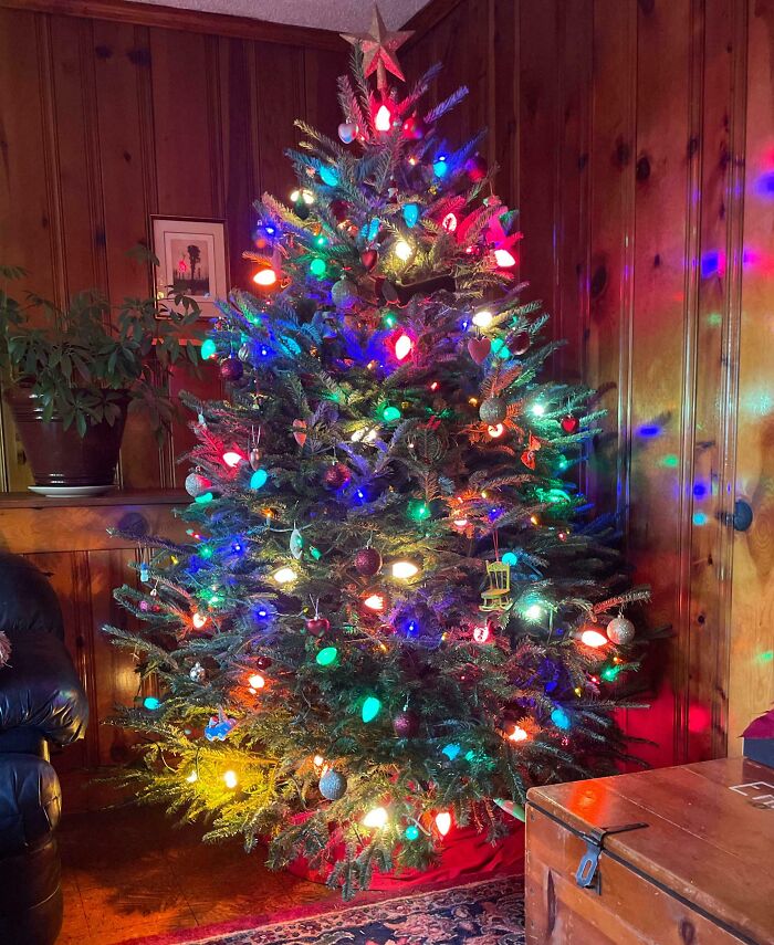 Festive Christmas tree adorned with colorful lights and ornaments in a cozy wooden room.