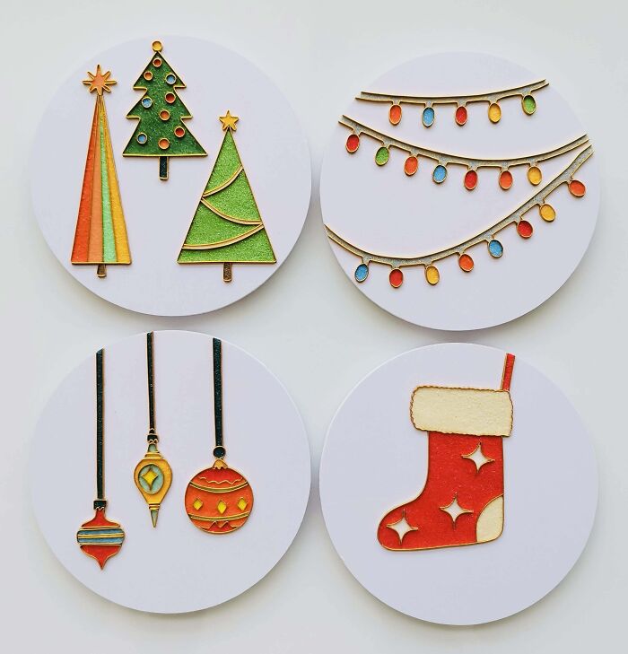 Creative DIY Christmas decorations with trees, lights, ornaments, and a stocking on white background circles.