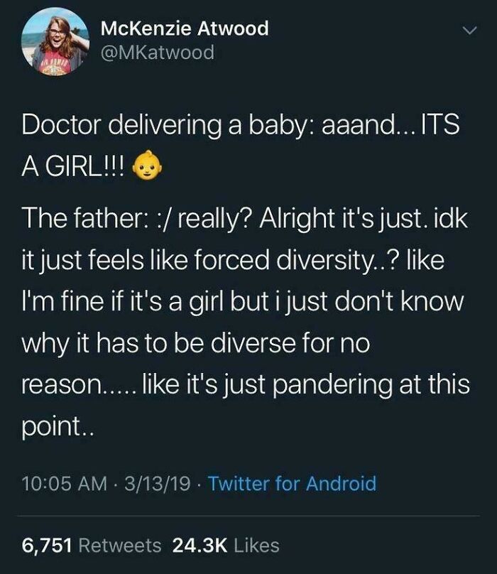 Tweet mocking sexism: Doctor announces a baby girl; father questions diversity.