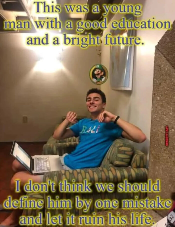 Young man sitting with a laptop, text about not defining him by one mistake; highlights against sexism.