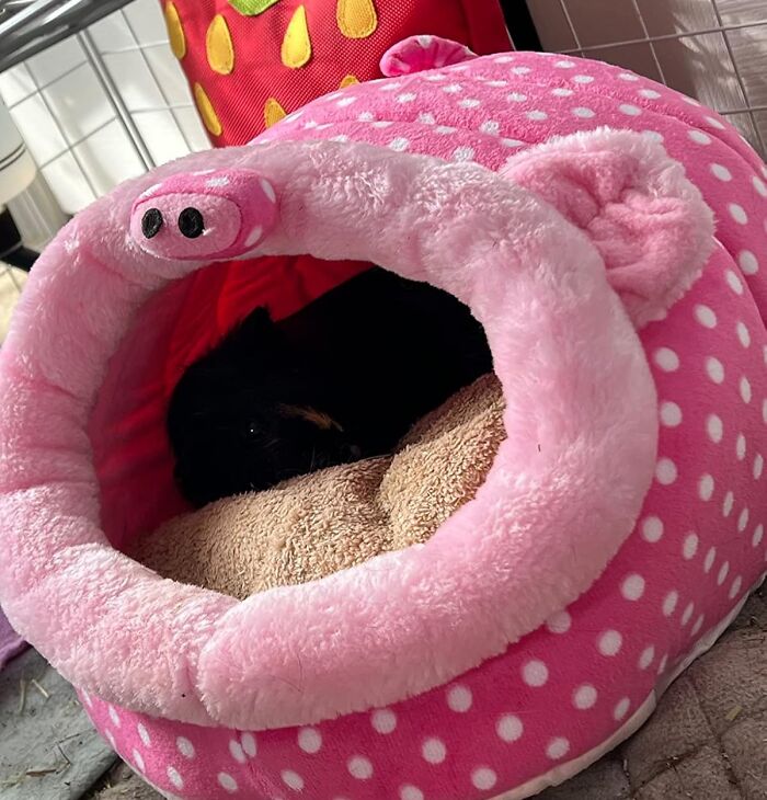 Pink polka dot pet bed shaped like a pig, cozy and soft for pets and their obsessed humans gift ideas.