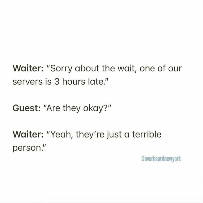 Text conversation showing a wild NYC conversation between a waiter and guest about a server being three hours late.