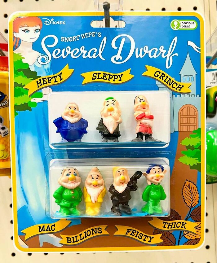 Fake product featuring spoof dwarf figurines with altered names on humorous packaging in a real store display.