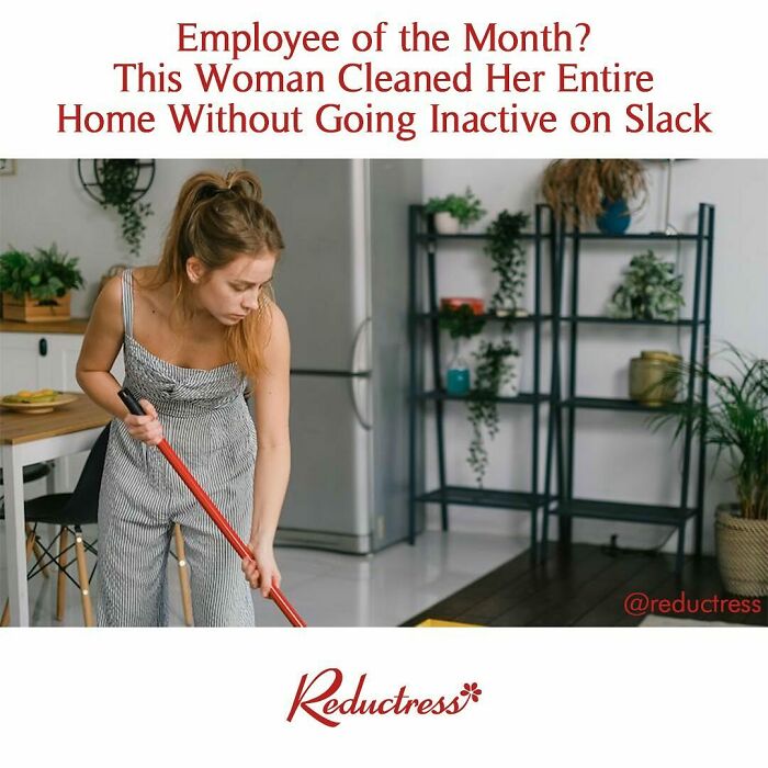 Woman mopping floor at home with text overlay referencing funny fake article headlines from Reductress online magazine.