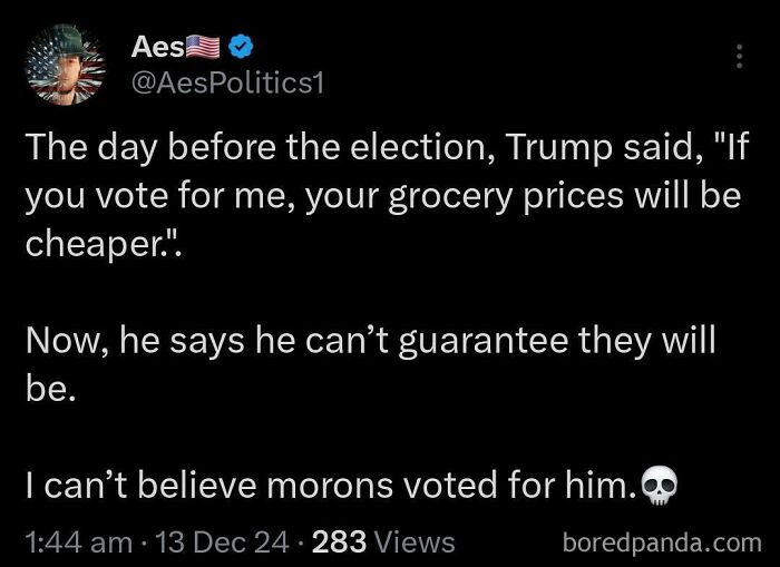 Tweet expressing disbelief over political promises related to grocery prices, highlighting facepalm moments.