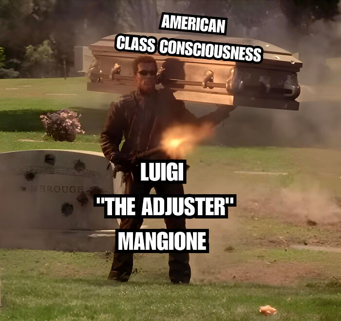 Man in sunglasses carrying a coffin labeled "American Class Consciousness," reflecting irony towards consumerism.