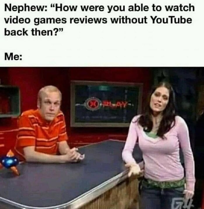 Two people at a table on a nostalgic video game review show, recalling memories before YouTube reviews existed.