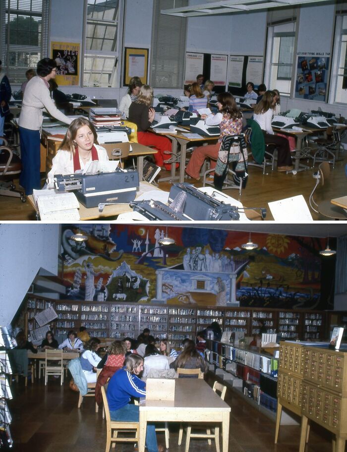 1970s high school students in a typing class and library, surrounded by typewriters and books, reflecting the era's atmosphere.