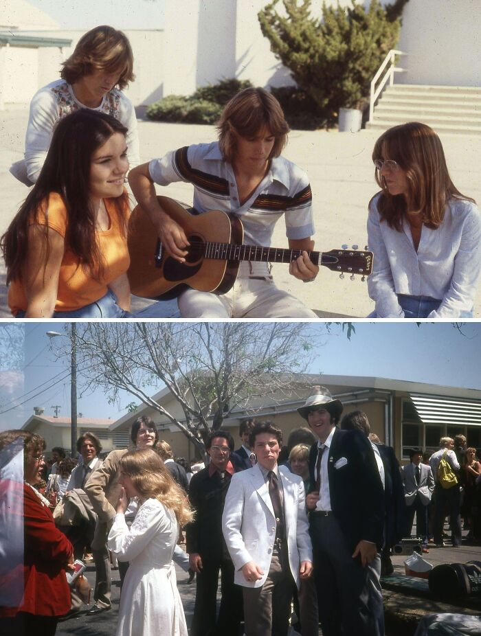 Teens in '70s high school outfits, playing guitar and socializing outdoors.
