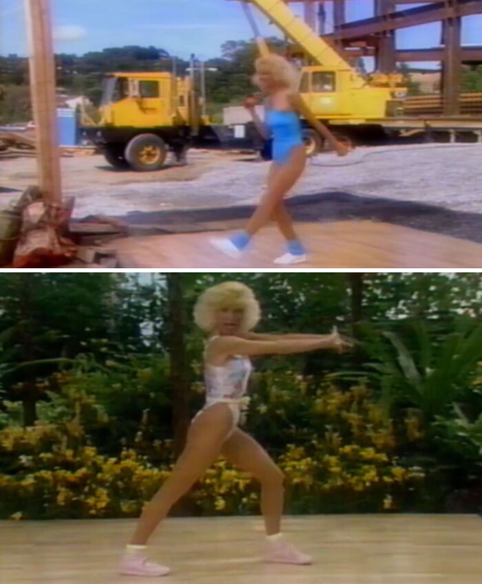 Woman in 80s gym attire, exercising outdoors with construction equipment and lush greenery in the background.