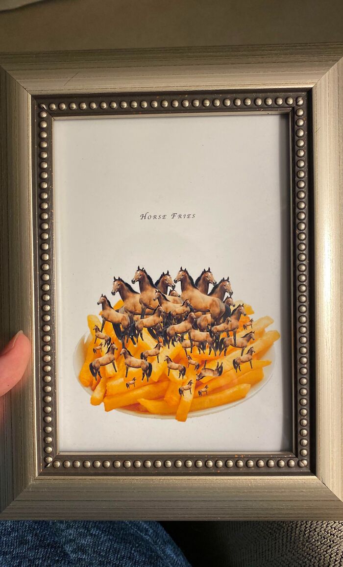 Framed image of horses on fries, humorously illustrating a disappointing gift.