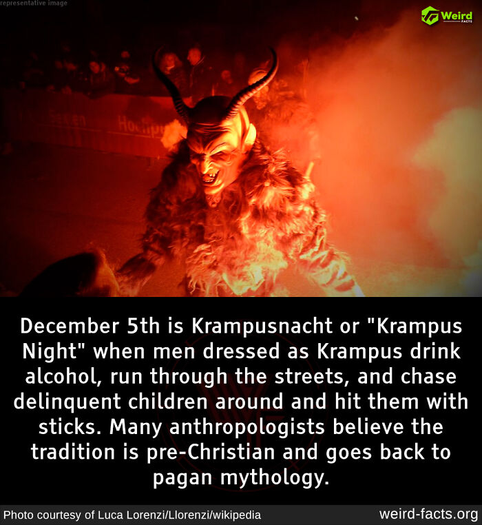 Krampusnacht celebration with a man in Krampus costume, showcasing a weird and random fact about this traditional event.