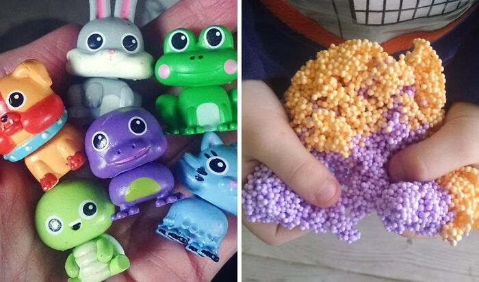 Colorful small toys and kids playing with sensory foam beads, ideas to keep kids entertained when it's too cold outside.