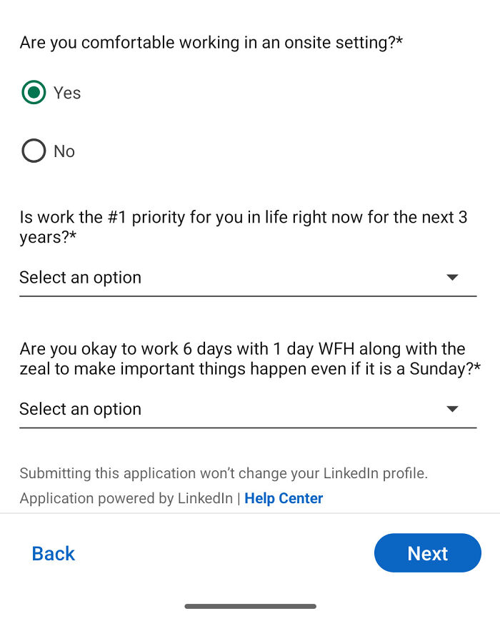 Job application questions about onsite work comfort and work-life balance priorities.