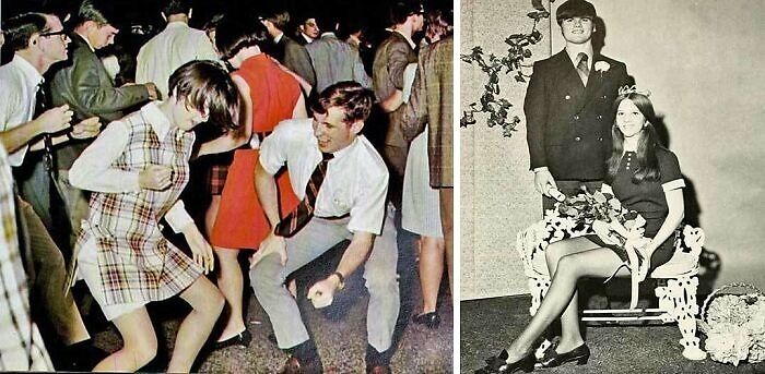 '70s high school dance scene with students in vintage attire, and a couple posing for a prom photo.