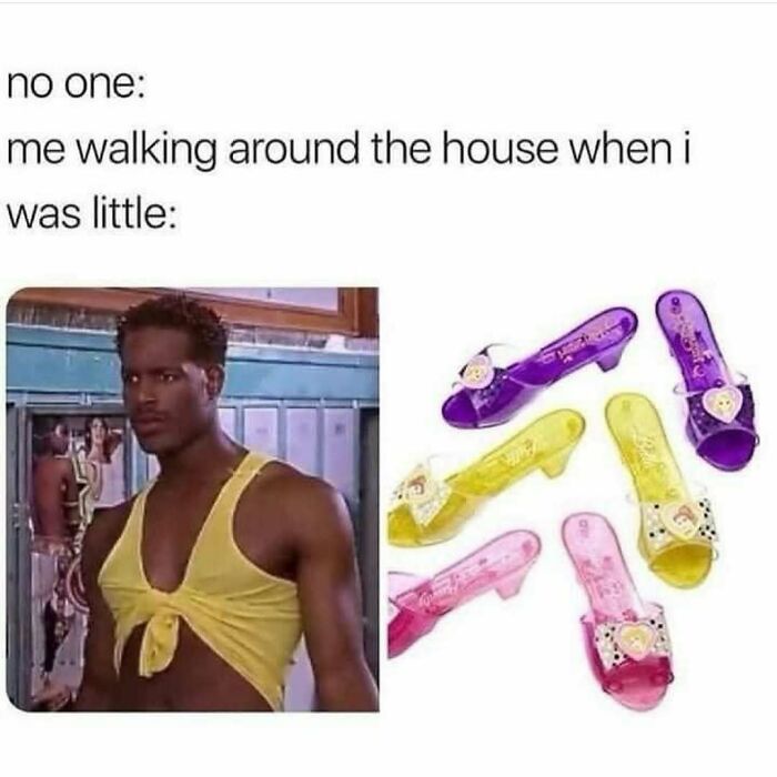 Man posing humorously in yellow top alongside colorful toy shoes, evoking relatable meme humor.