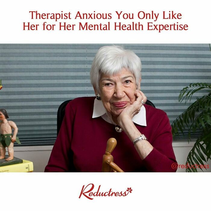 Older woman in a red sweater posing thoughtfully, illustrating funniest fake article headlines in Reductress magazine.