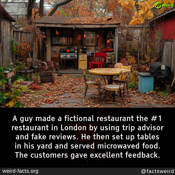 Rustic yard restaurant setup with tables; part of weird and random facts series.