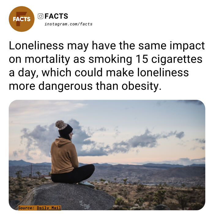 Person sitting on a rock, overlooking a vast landscape, highlighted by a fact about loneliness and mortality.