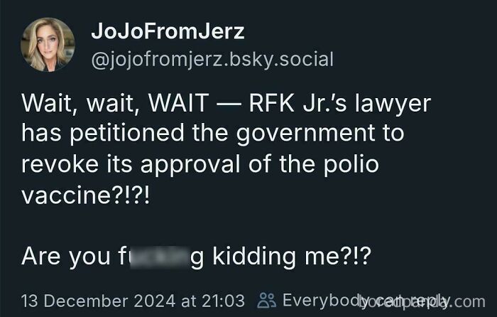 Tweet expressing disbelief about RFK Jr.'s lawyer petitioning against polio vaccine approval; highlights facepalm moments.