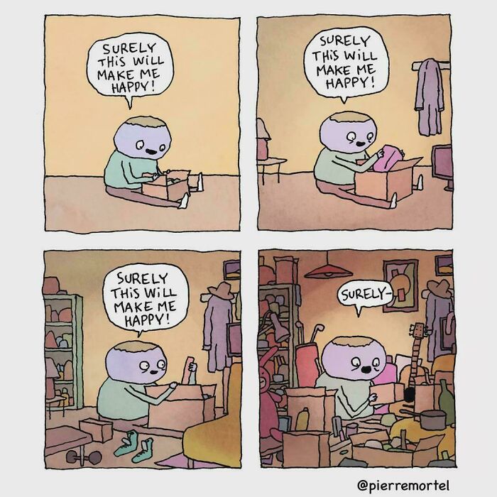 Comic character accumulating items ironically, showing frustration with consumerism.