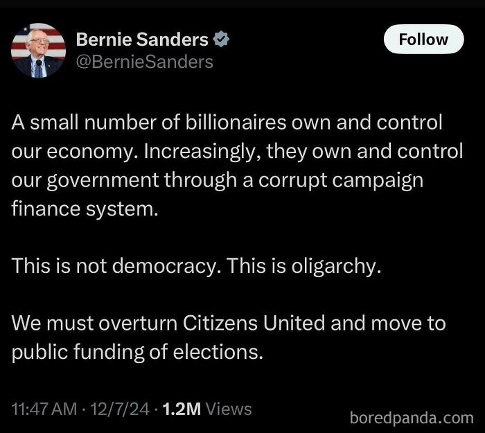 Text tweet highlighting a viewpoint on oligarchy and corruption in campaign finance by a notable public figure.