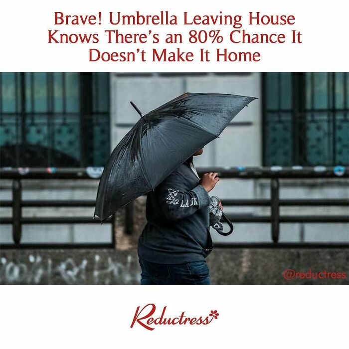 Person holding a black umbrella with a humorous headline from Reductress featuring funny fake article headlines online.