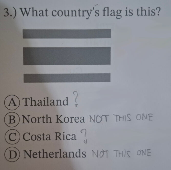 Test question asking which country flag is shown with incorrect answer annotations, showcasing a perfectly preventable fail.