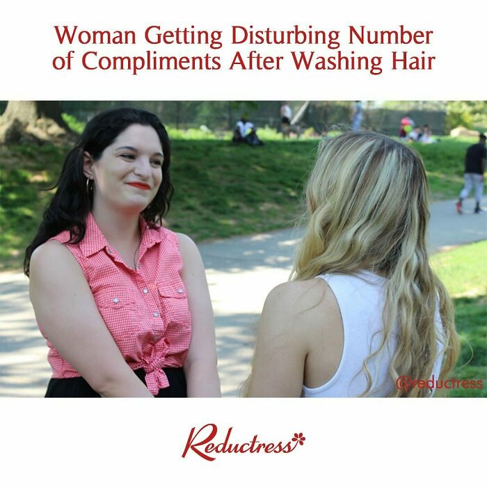 Two women talking in a park scene illustrating funny fake article headlines from the Reductress online magazine.