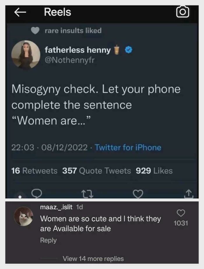 Social media post showing a facepalm moment with a response about women that's inappropriate.