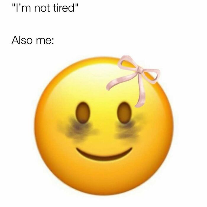 Emoji with tired eyes and a pink bow, representing relatable meme humor.