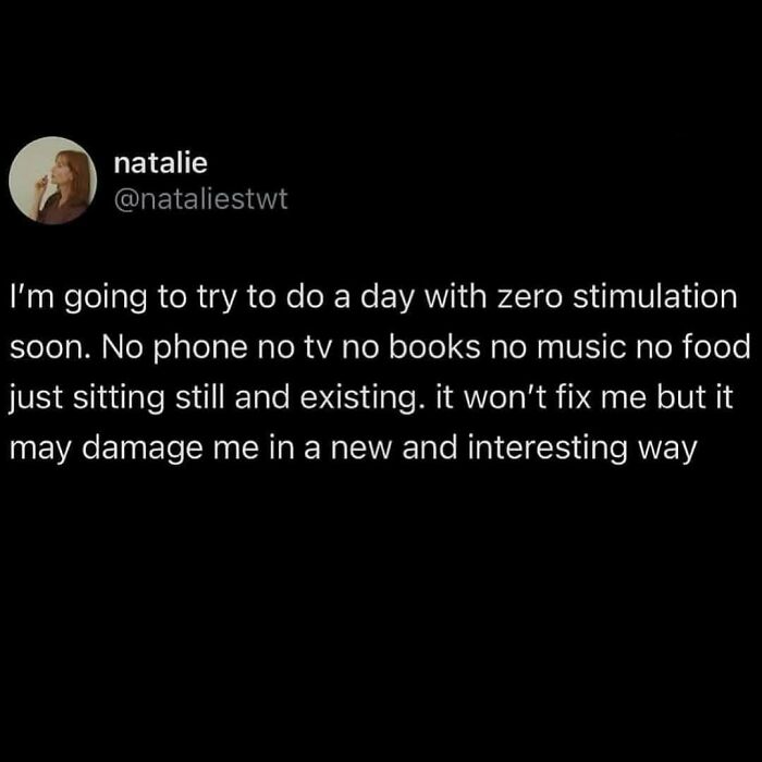 Anti-social meme about attempting a day of zero stimulation for personal reflection and humor.